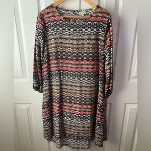 THE ODELLS Southwest Geometric Print 100% Silk Long Sleeve Midi Shift Dress SZ M